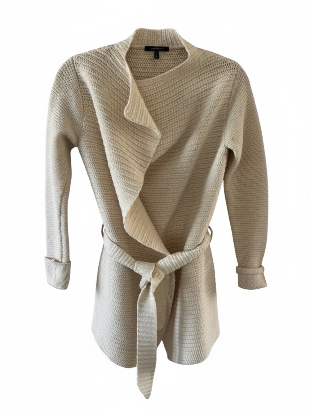 Isda & Co Open-Front Cream Belted Knit Wool Cardigan size M